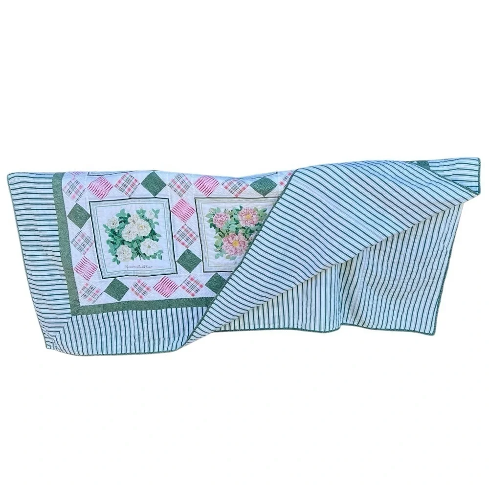 VTG Garden Block Quilt Floral Striped Reversible Hand Sewn Pink Green 82x84 FLAW